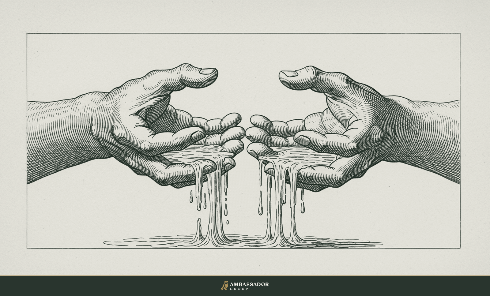 Antique engraving illustration. Two cupped bare hands holding water that slips visibly through the fingers, the difficulty of holding something formless.
