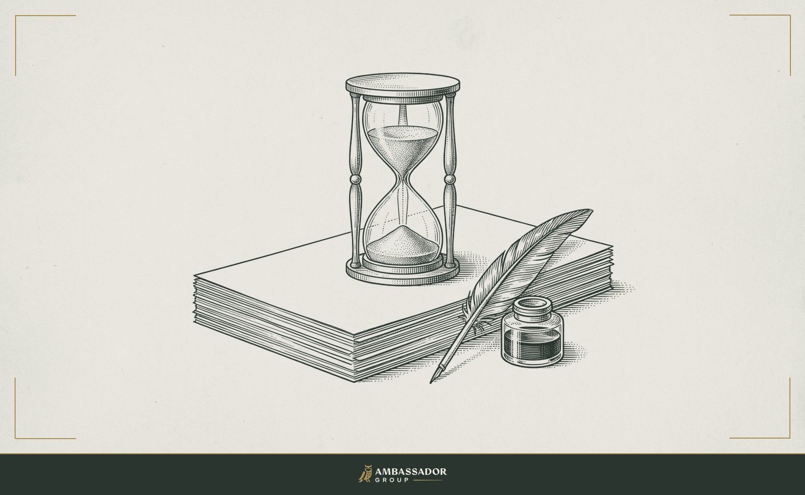 Antique engraving illustration. An hourglass with its upper chamber half-full, perched on a stack of unsigned contract pages, a quill pen set down and waiting beside an untouched inkwell.