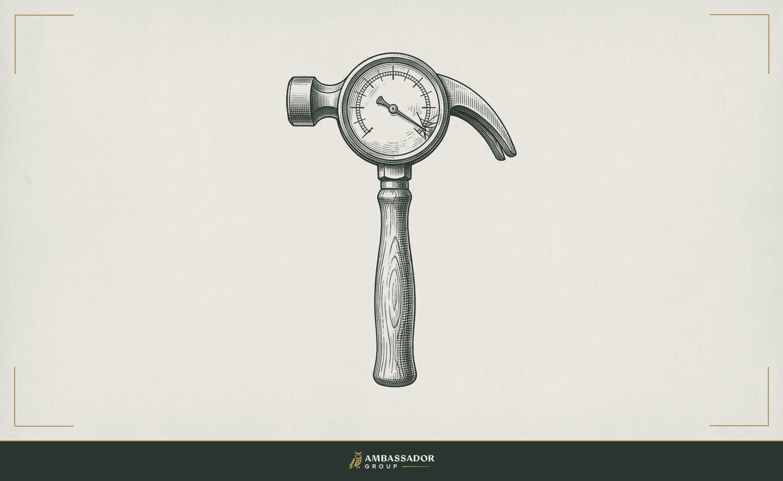 Engraving of a claw hammer whose striking head is a maxed-out pressure gauge with the needle pinned past its limit, illustrating the impossible, self-contradicting demands of a statmaxing hiring authority.