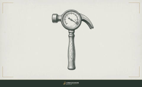 Engraving of a claw hammer whose striking head is a maxed-out pressure gauge with the needle pinned past its limit, illustrating the impossible, self-contradicting demands of a statmaxing hiring authority.