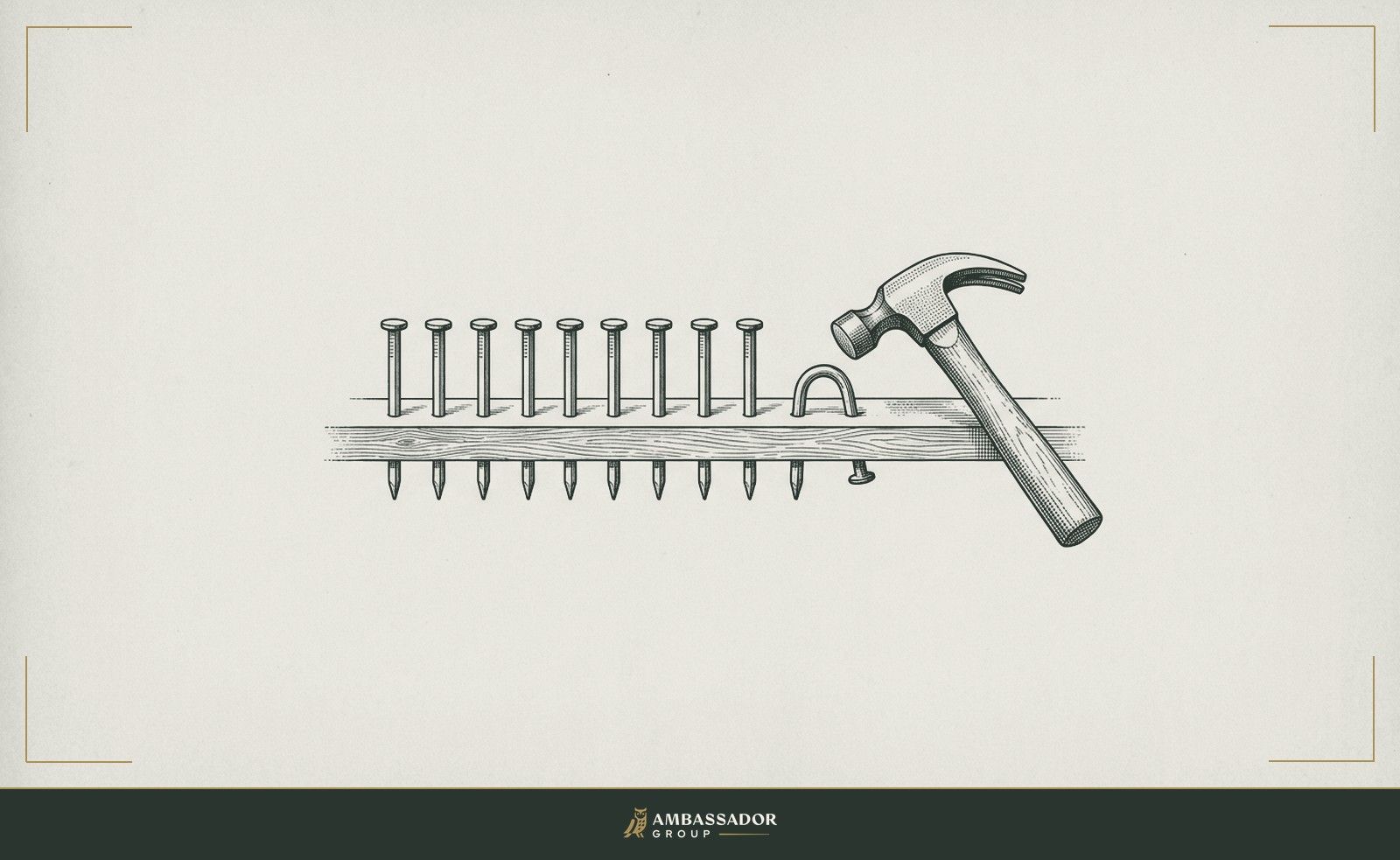 Antique engraving illustration. An ten identical nails, nine driven straight and true, one bent double at an angle, a hammer resting near the crooked one.