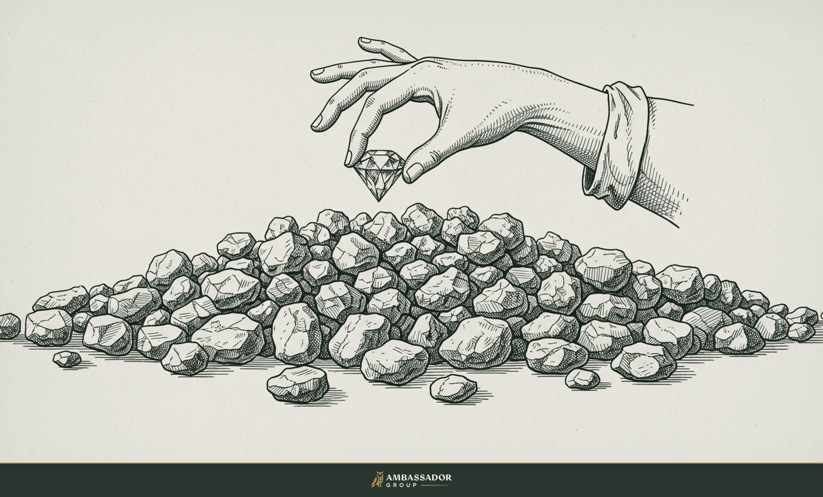 Antique engraving illustration. A hand lifting one brilliant cut gemstone out of a heap of ordinary rough stones that others walked past.