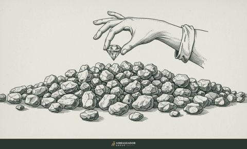 Antique engraving illustration. A hand lifting one brilliant cut gemstone out of a heap of ordinary rough stones that others walked past.