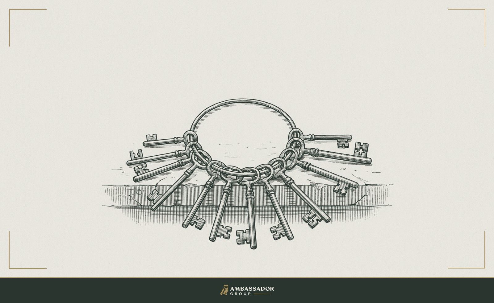 Antique engraving illustration. A ring of forged iron keys resting on a stone window sill.