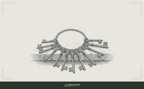 Antique engraving illustration. A ring of forged iron keys resting on a stone window sill.