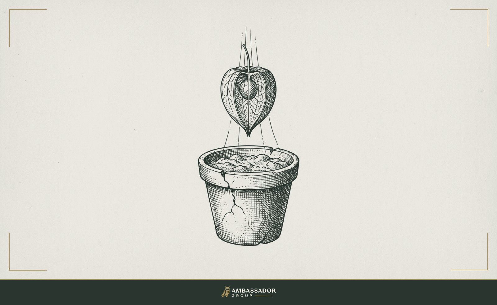 Antique engraving illustration. A single seed suspended above a cracked clay pot filled with poor soil, not yet dropped.