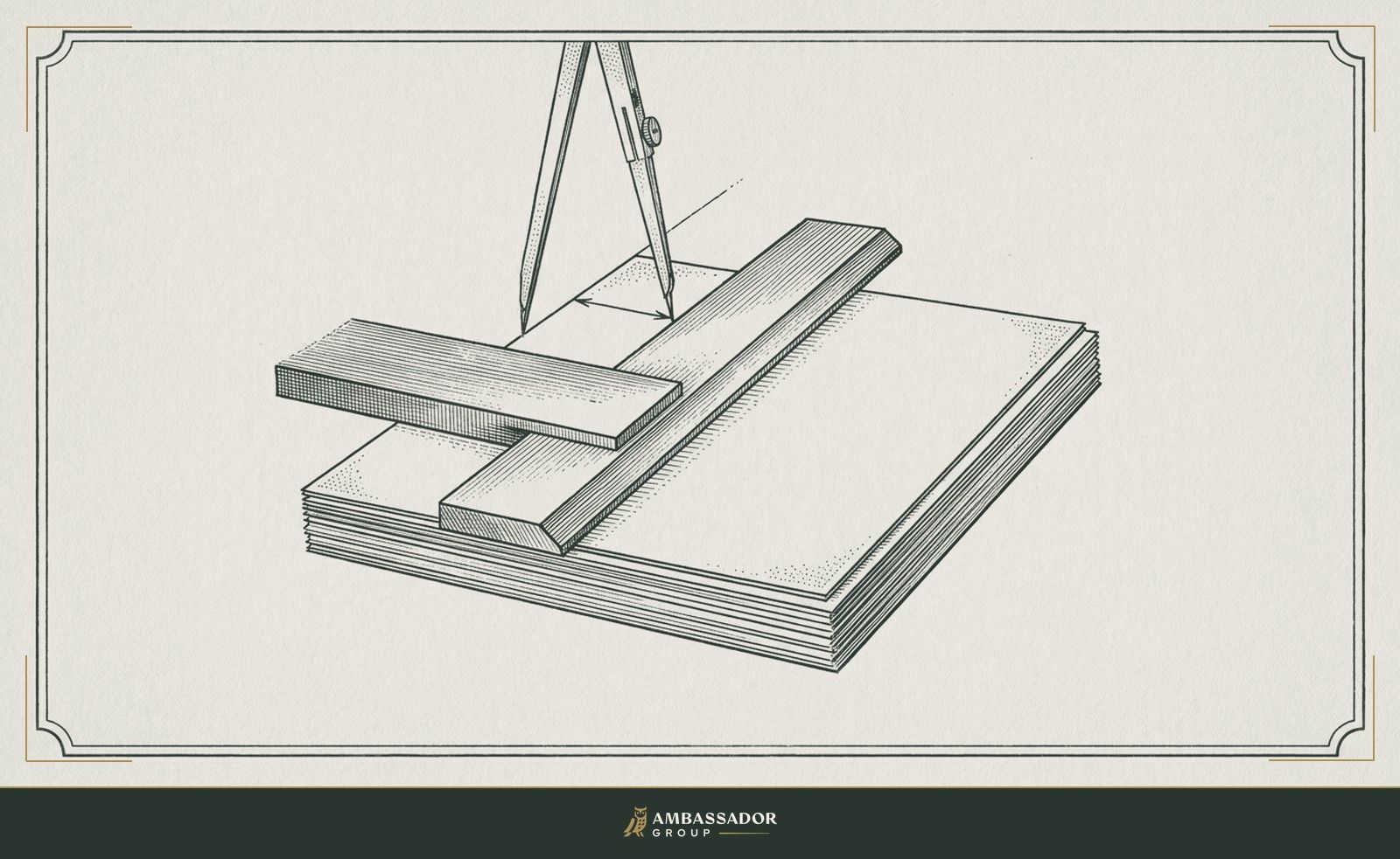 Antique engraving illustration. A stack of document pages pressed under a steel straightedge, corners squared, a draftsman's compass measuring the top margin.