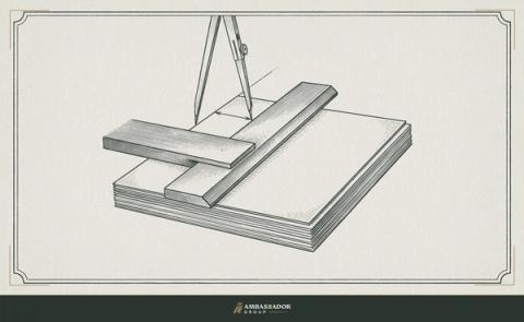 Antique engraving illustration. A stack of document pages pressed under a steel straightedge, corners squared, a draftsman's compass measuring the top margin.