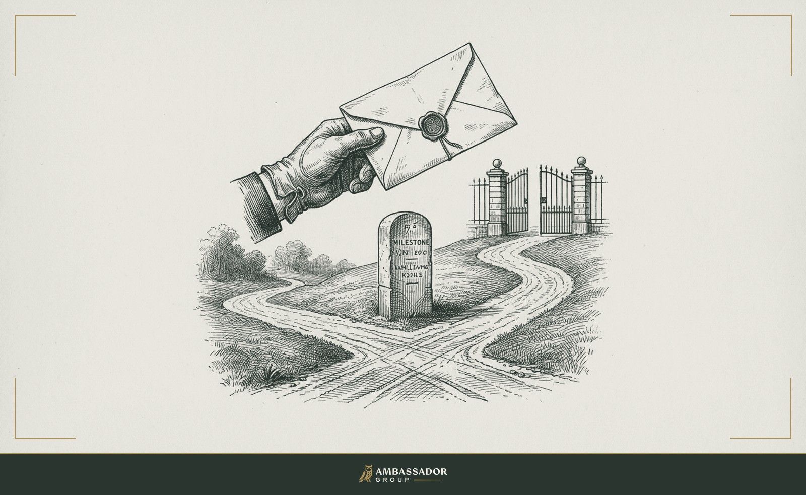 Antique engraving illustration. A traveler's hand gripping a sealed letter of petition, their path ahead forking at a milestone marker, the chosen branch leading uphill toward an open gate.