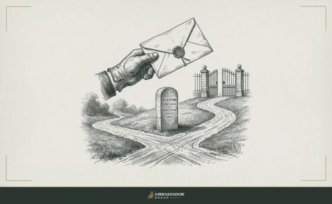 Antique engraving illustration. A traveler's hand gripping a sealed letter of petition, their path ahead forking at a milestone marker, the chosen branch leading uphill toward an open gate.
