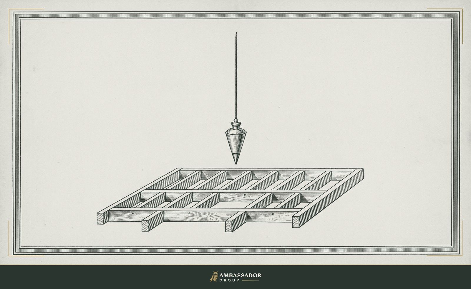 Antique engraving illustration. A brass plumb bob hangs still above an open timber floor frame, its string marking one true vertical line.