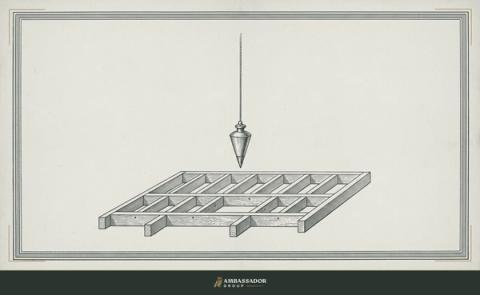 Antique engraving illustration. A brass plumb bob hangs still above an open timber floor frame, its string marking one true vertical line.