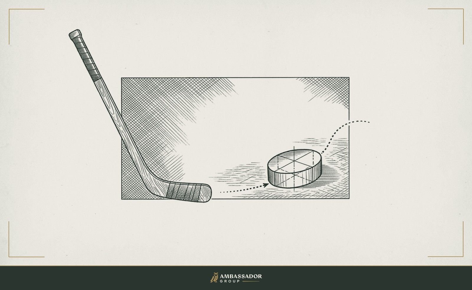 Antique engraving illustration. A hockey puck in motion etched mid-ice, a stick angled not toward the puck but toward the open space ahead where the puck is going.