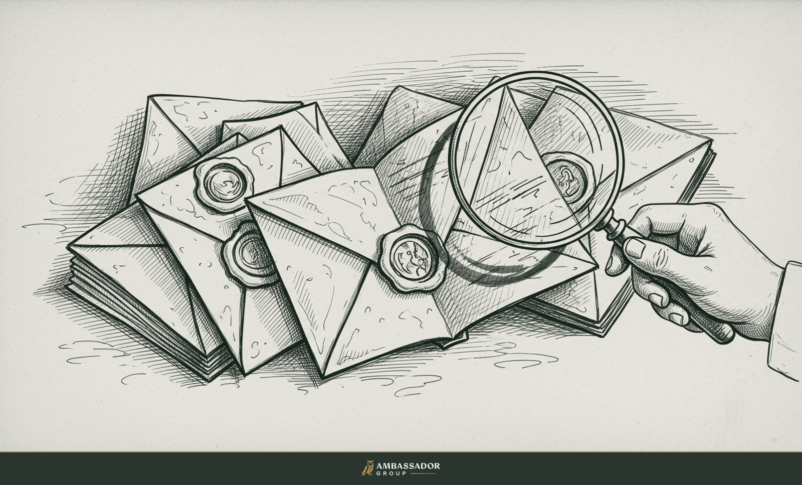 Antique engraving illustration. A bundle of sealed wax reference letters, one opened and examined closely under a magnifying glass for true substance.