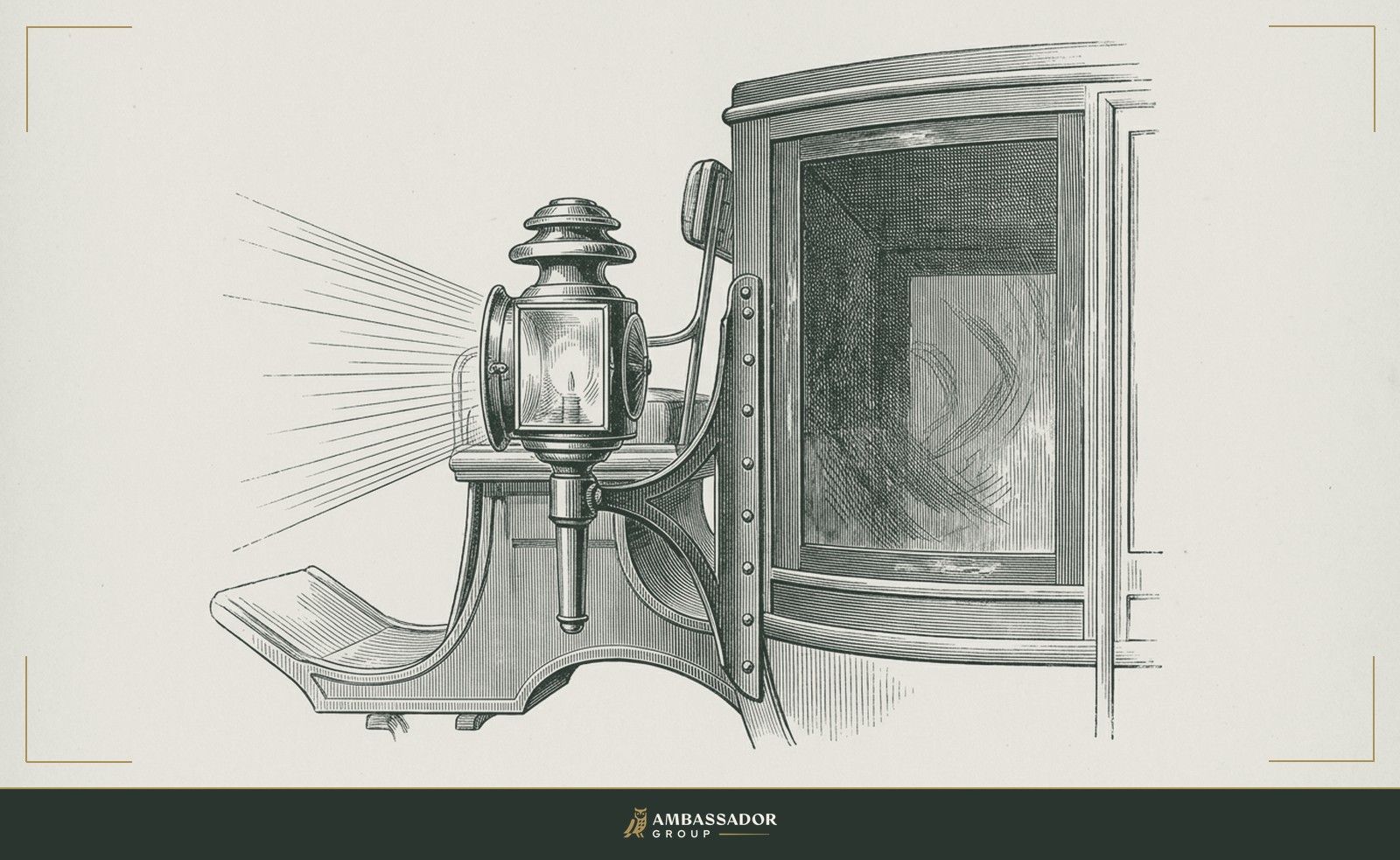 Antique engraving illustration. A lantern casting light forward while a wide, mud-obscured mirror mounted behind the driver's seat reflects only darkness and blur.