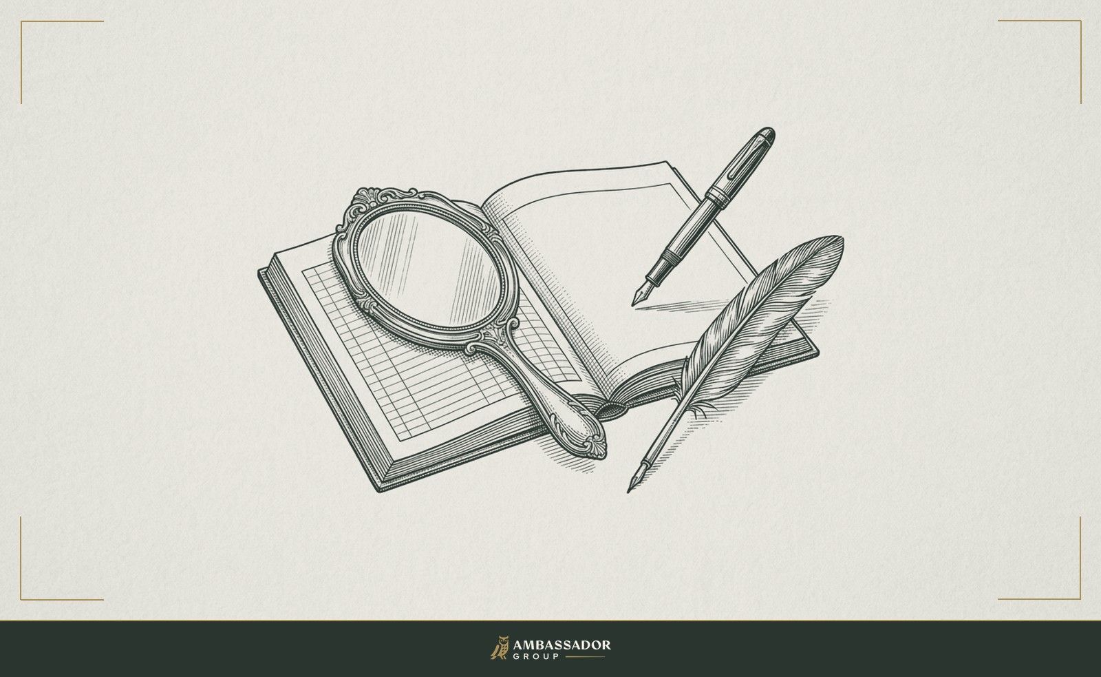 Antique engraving illustration. A hand mirror face-down on an open ledger, a quill resting beside it, the pen uncapped and poised above the page but not yet touching.