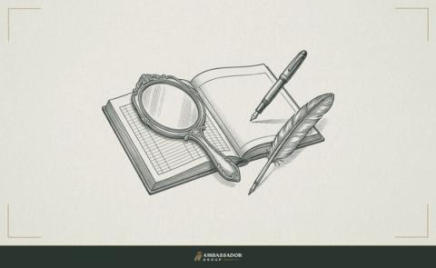 Antique engraving illustration. A hand mirror face-down on an open ledger, a quill resting beside it, the pen uncapped and poised above the page but not yet touching.