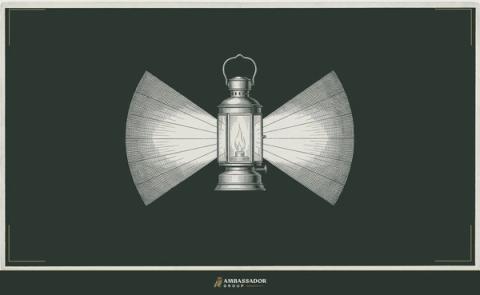 Antique engraving illustration. A hearth lantern casting wide arcs of light outward, its flame steady, set against deep negative space on all sides.