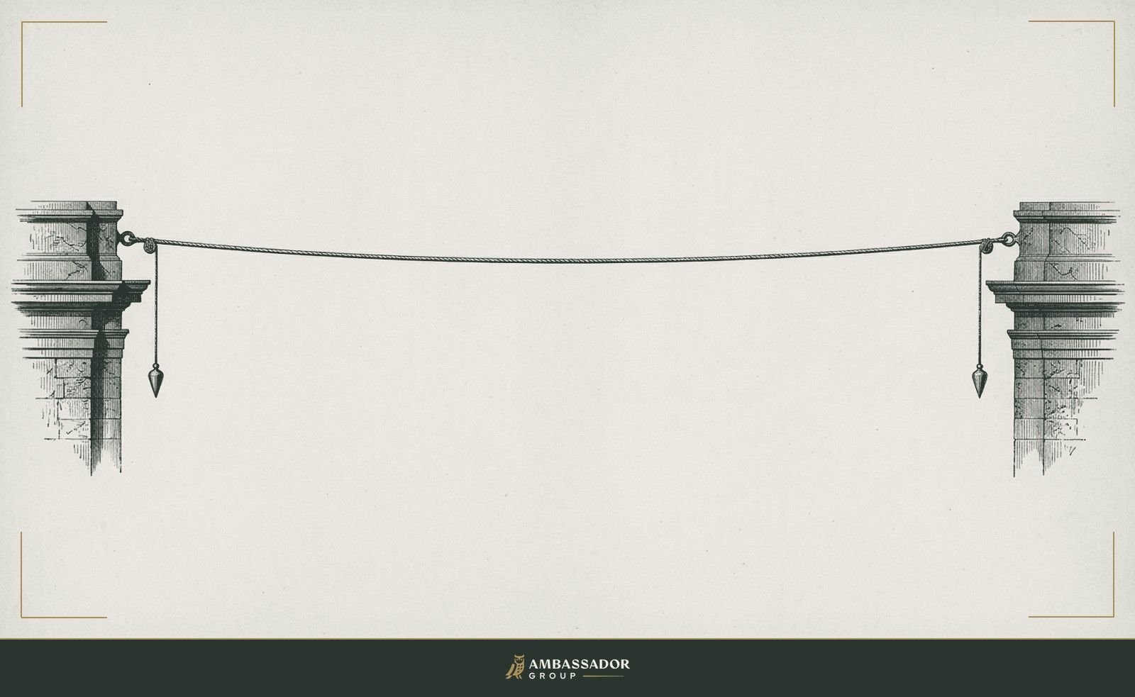Antique engraving illustration. A tightrope stretched between two stone pillars, each end anchored with a plumb bob, perfectly tensioned above empty space.