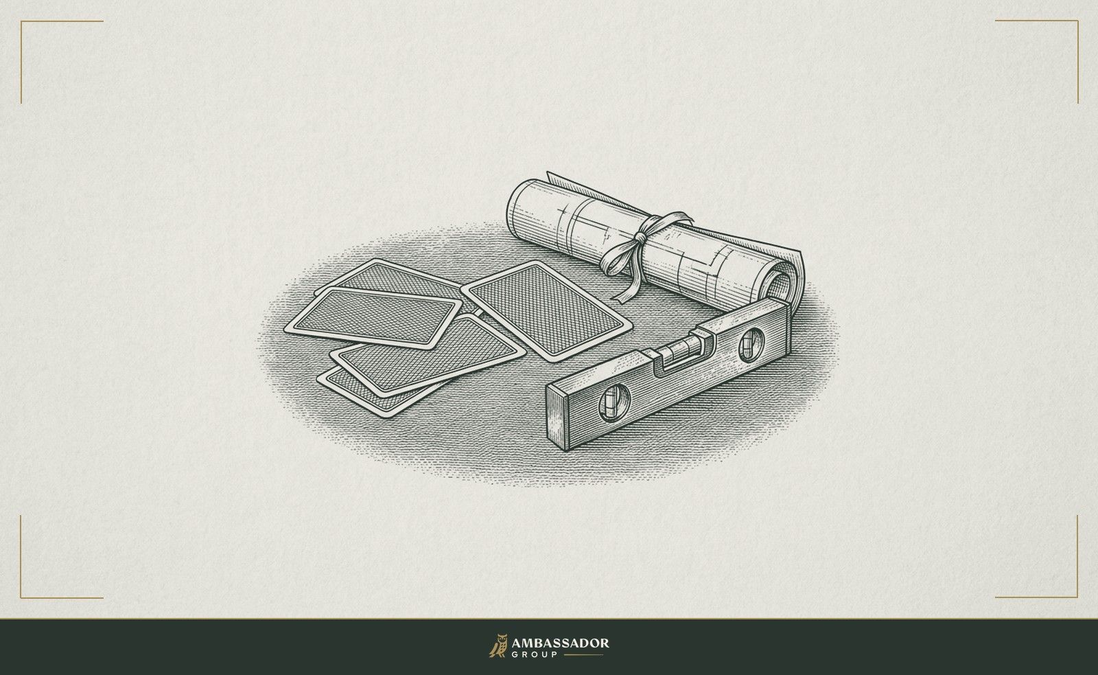 Antique engraving illustration. A poker hand face-down on a baize-covered table beside a builder's level and a folded site plan, the cards unplayed and the tools unused.