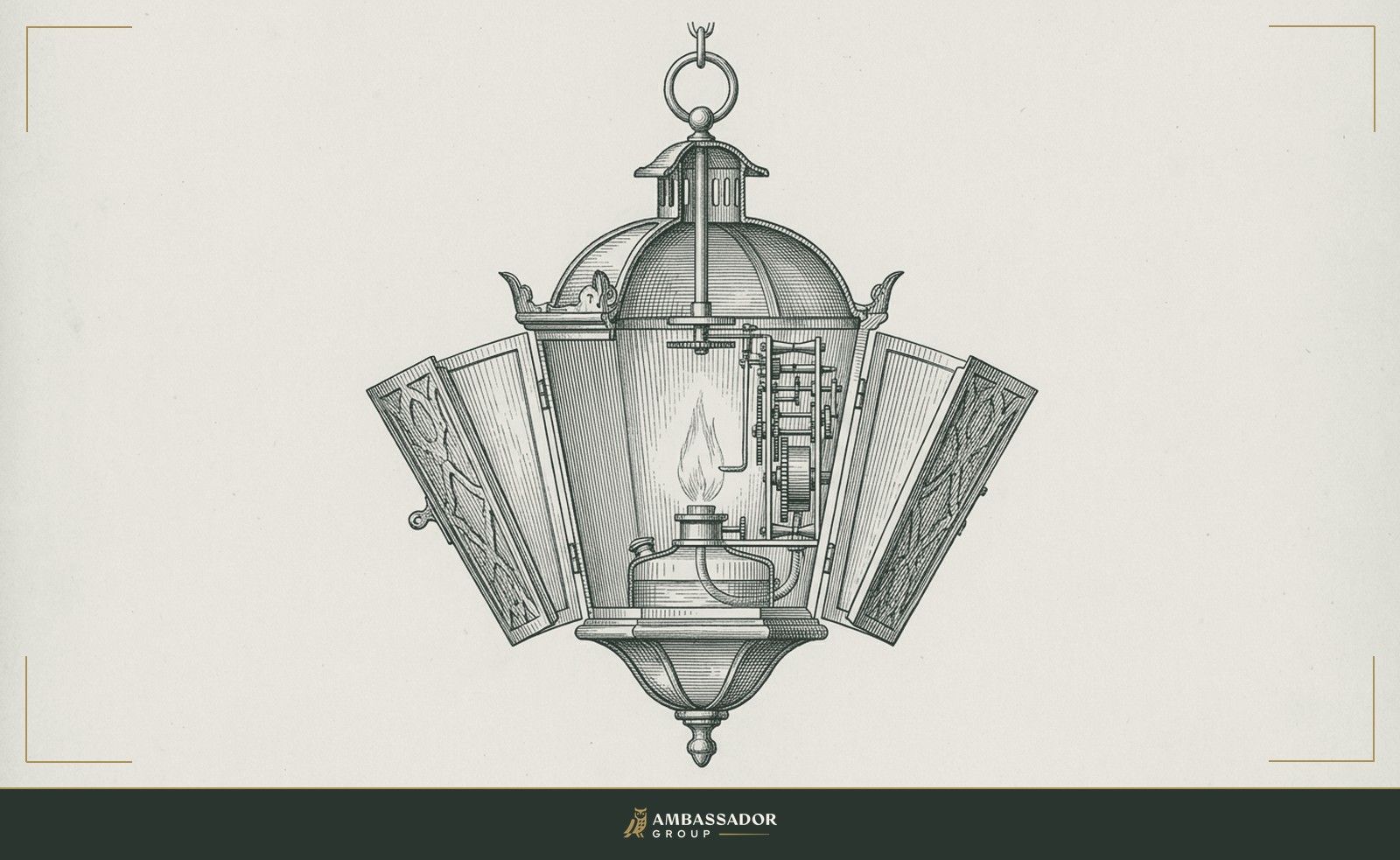 Antique engraving illustration. A hanging lantern with its panels unlatched and held open, flame burning inside, inner mechanism fully exposed.