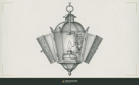 Antique engraving illustration. A hanging lantern with its panels unlatched and held open, flame burning inside, inner mechanism fully exposed.
