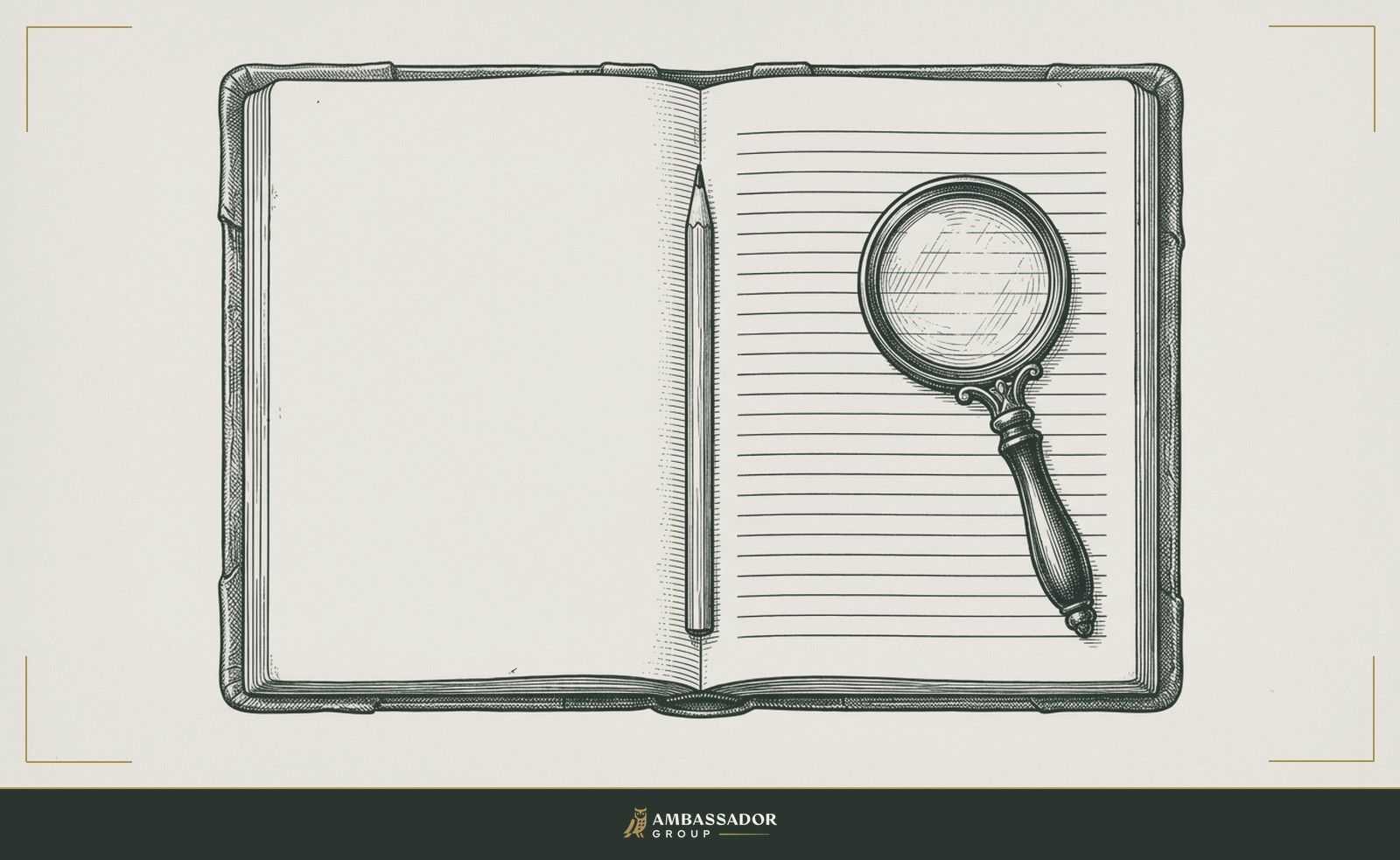 Antique engraving illustration. An open journal with forty ruled lines, a magnifying glass across the page, pencil resting in the spine.