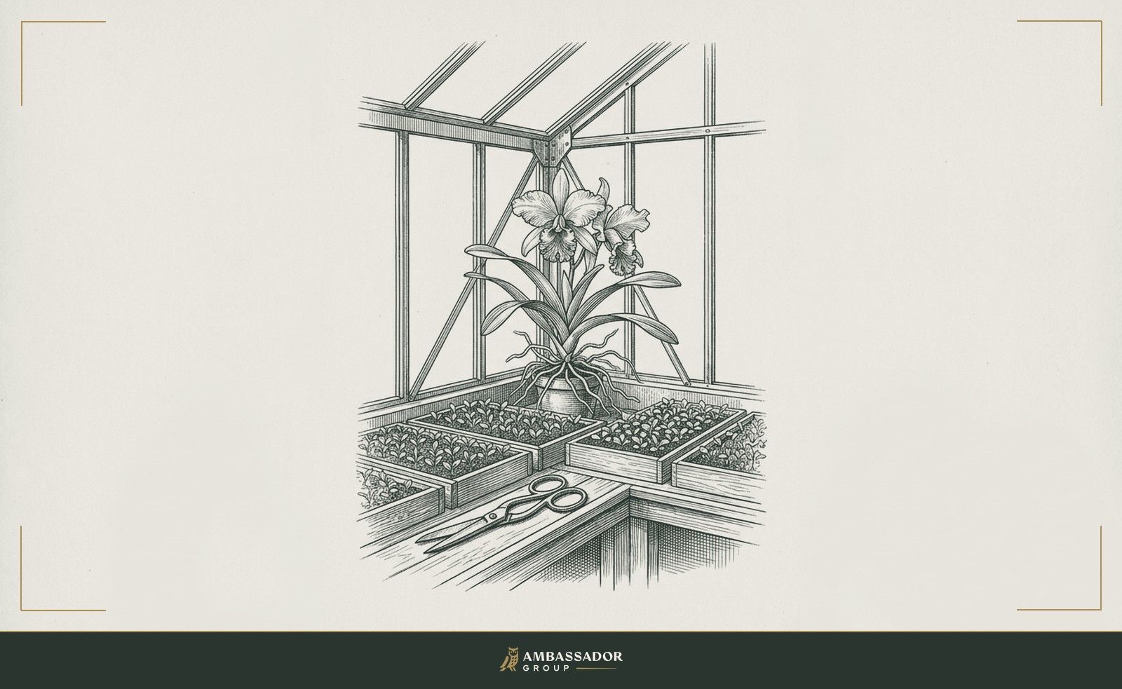 Antique engraving illustration. A single rare orchid blooming in a greenhouse corner, surrounded by rows of common seedlings in trays, curator's scissors on the bench.