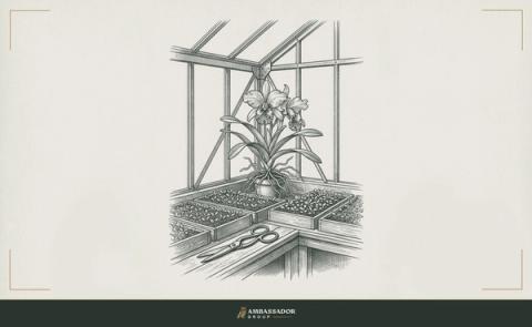 Antique engraving illustration. A single rare orchid blooming in a greenhouse corner, surrounded by rows of common seedlings in trays, curator's scissors on the bench.