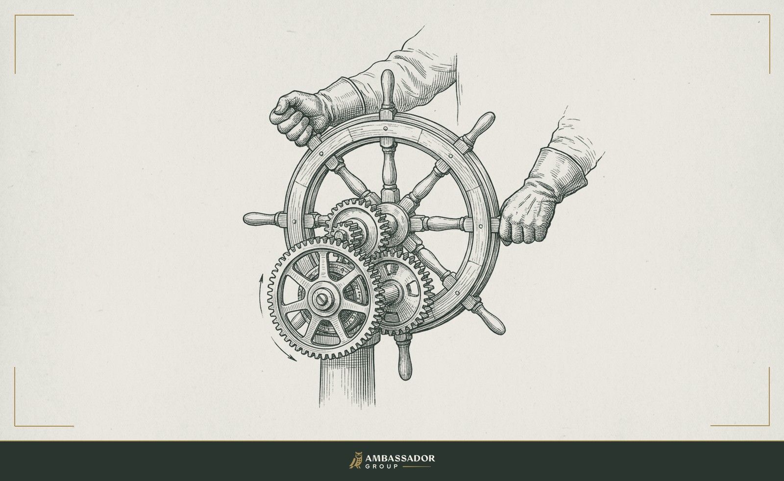 Antique engraving illustration. A ship's helm with mechanical gear teeth exposed at its hub, human hands gripping the wheel firmly while the gears below them turn by themselves.