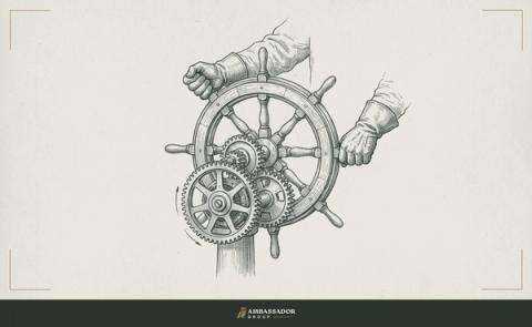 Antique engraving illustration. A ship's helm with mechanical gear teeth exposed at its hub, human hands gripping the wheel firmly while the gears below them turn by themselves.