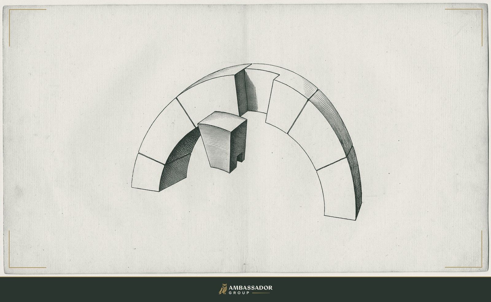 Antique engraving illustration. A keystone suspended mid-arch, the single wedge-shaped block that either locks an archway together or, absent, collapses it, hovering before its waiting slot.
