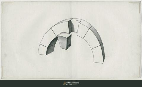 Antique engraving illustration. A keystone suspended mid-arch, the single wedge-shaped block that either locks an archway together or, absent, collapses it, hovering before its waiting slot.