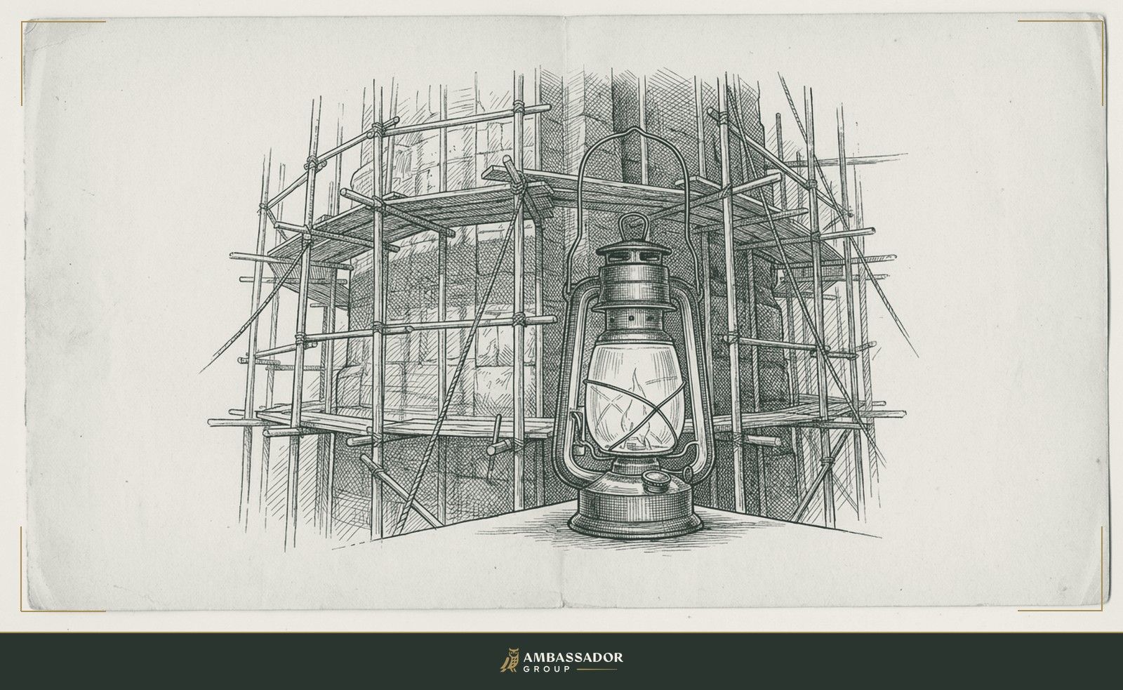 Antique engraving illustration. A single lantern burning in the foreground, casting light across a dense tangle of scaffolding receding into shadow behind it.