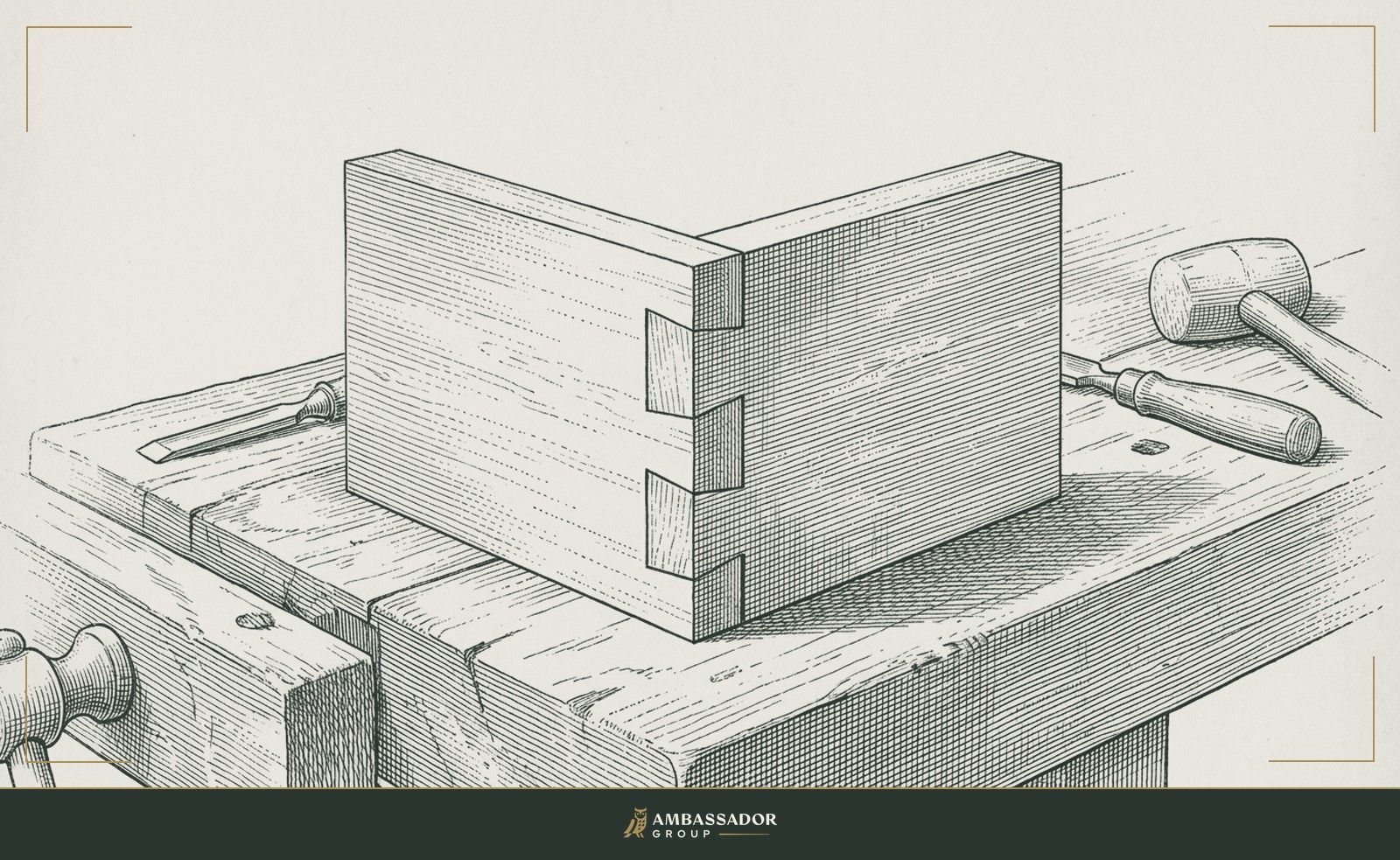 Antique engraving illustration. A half-assembled dovetail joint resting on a joiner's bench.
