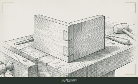 Antique engraving illustration. A half-assembled dovetail joint resting on a joiner's bench.