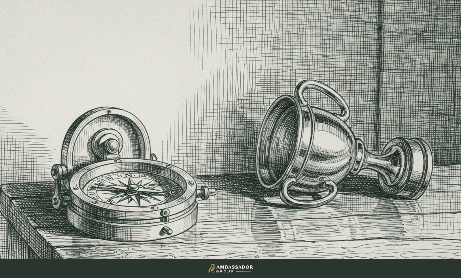 Antique engraving illustration. A steady ship's compass chosen and set apart from a gleaming discarded trophy, judgment valued over accolade, on a captain's table.