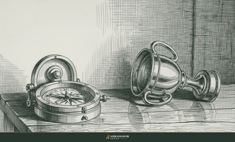 Antique engraving illustration. A steady ship's compass chosen and set apart from a gleaming discarded trophy, judgment valued over accolade, on a captain's table.