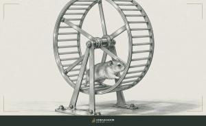 Antique engraving illustration. A hamster wheel engraved in fine mechanical detail, its spokes polished from continuous rotation, the axle bolted to the floor, industrious motion that builds nothing and arrives nowhere.