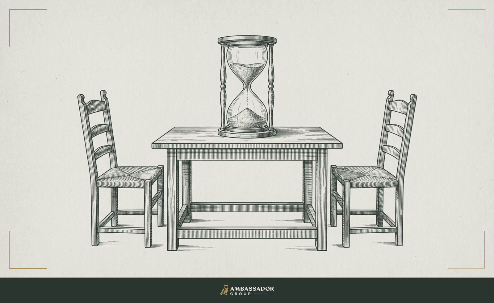 Engraving of a rushing hourglass on a table set with two empty chairs, the costly mistake of speed-dating interviews.