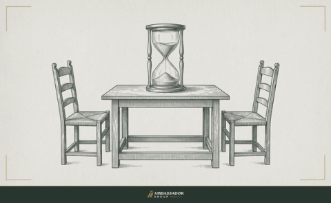Engraving of a rushing hourglass on a table set with two empty chairs, the costly mistake of speed-dating interviews.