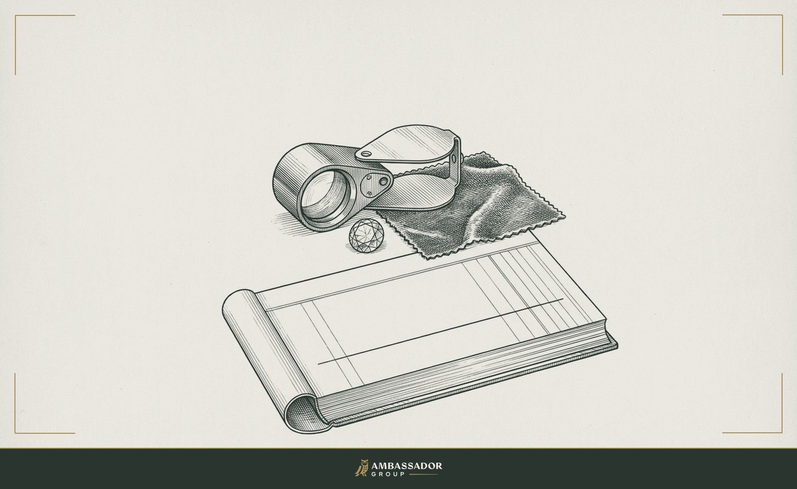 Antique engraving illustration. A precise jeweler's loupe resting beside a single cut gemstone on a velvet cloth, with an open ledger and a clean ruled line drawn cleanly beneath a column of entries.