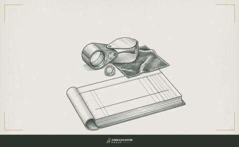 Antique engraving illustration. A precise jeweler's loupe resting beside a single cut gemstone on a velvet cloth, with an open ledger and a clean ruled line drawn cleanly beneath a column of entries.