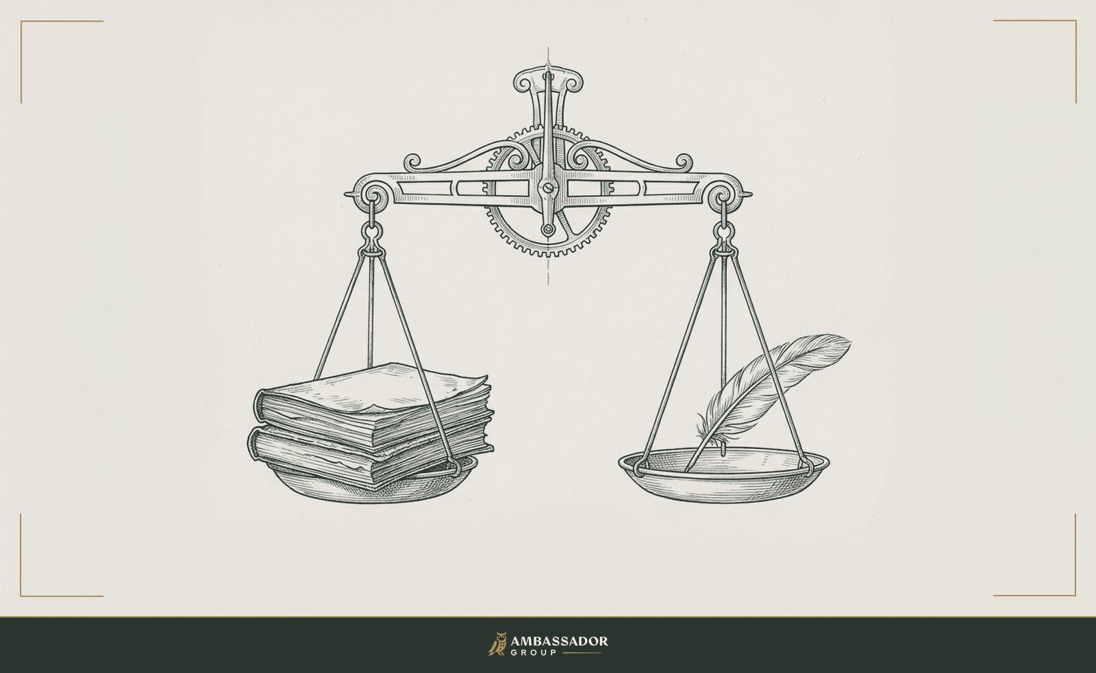 Antique engraving illustration. A pair of balance scales, one pan holding a stack of written pages, the other a single feather, both suspended in exact equilibrium.