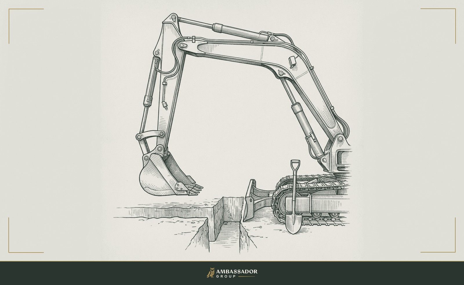 An antique engraving of a tracked excavator, its arm and bucket poised above a narrow open trench, with a hand shovel standing upright in the dirt beside the tracks.