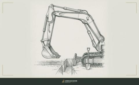 An antique engraving of a tracked excavator, its arm and bucket poised above a narrow open trench, with a hand shovel standing upright in the dirt beside the tracks.