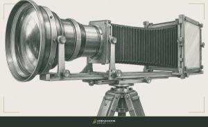 Antique engraving illustration. A wide panoramic brass lens bringing an entire construction site into crisp complete focus on a glass plate.