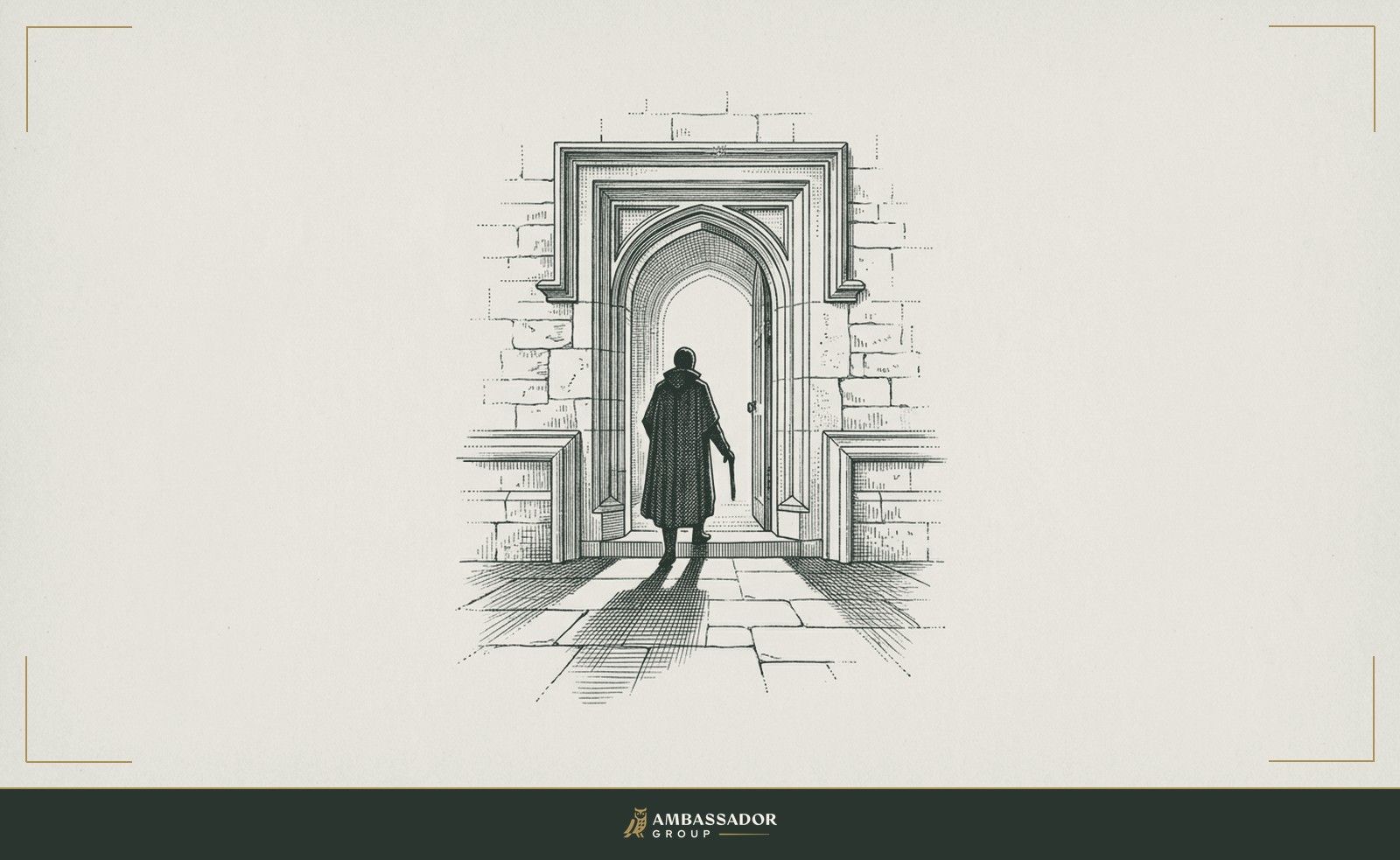 Antique engraving illustration. A lone figure seen only from behind, standing relaxed at the entrance of a well-lit doorway, one hand at the side, posture open and unhurried.