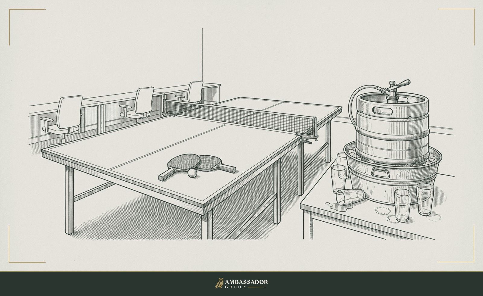 Antique engraving illustration. An empty office after hours: a ping pong table with two paddles and a ball left on it, and beside it a steel beer keg in an ice tub surrounded by dirty empty pint glasses, one tipped over, with empty desks and chairs behind.