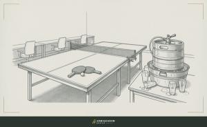 Antique engraving illustration. An empty office after hours: a ping pong table with two paddles and a ball left on it, and beside it a steel beer keg in an ice tub surrounded by dirty empty pint glasses, one tipped over, with empty desks and chairs behind.